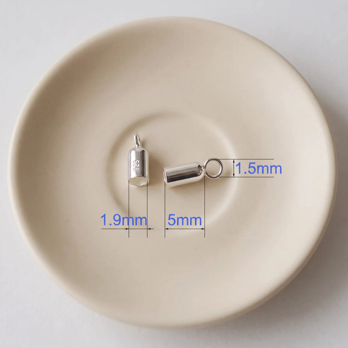 1.9mm 925 sterling silver cord end cap with loop, polished silver finish