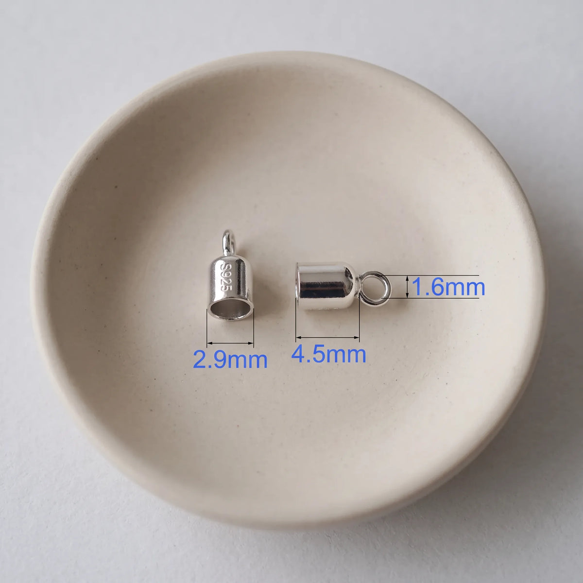 2.9mm 925 sterling silver cord end cap with loop, rhodium plated finish