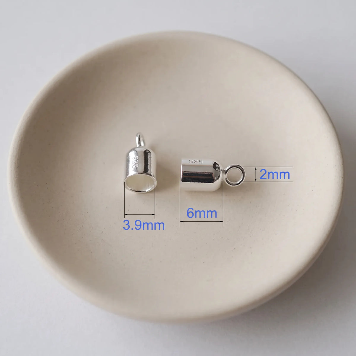 3.9mm 925 sterling silver cord end cap with loop, polished silver finish