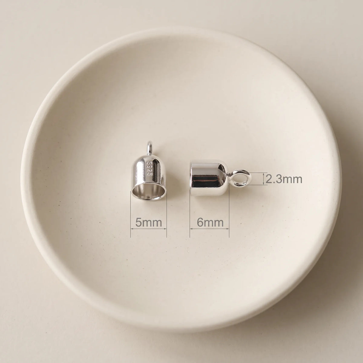 5mm 925 sterling silver cord end cap with loop, rhodium plated finish