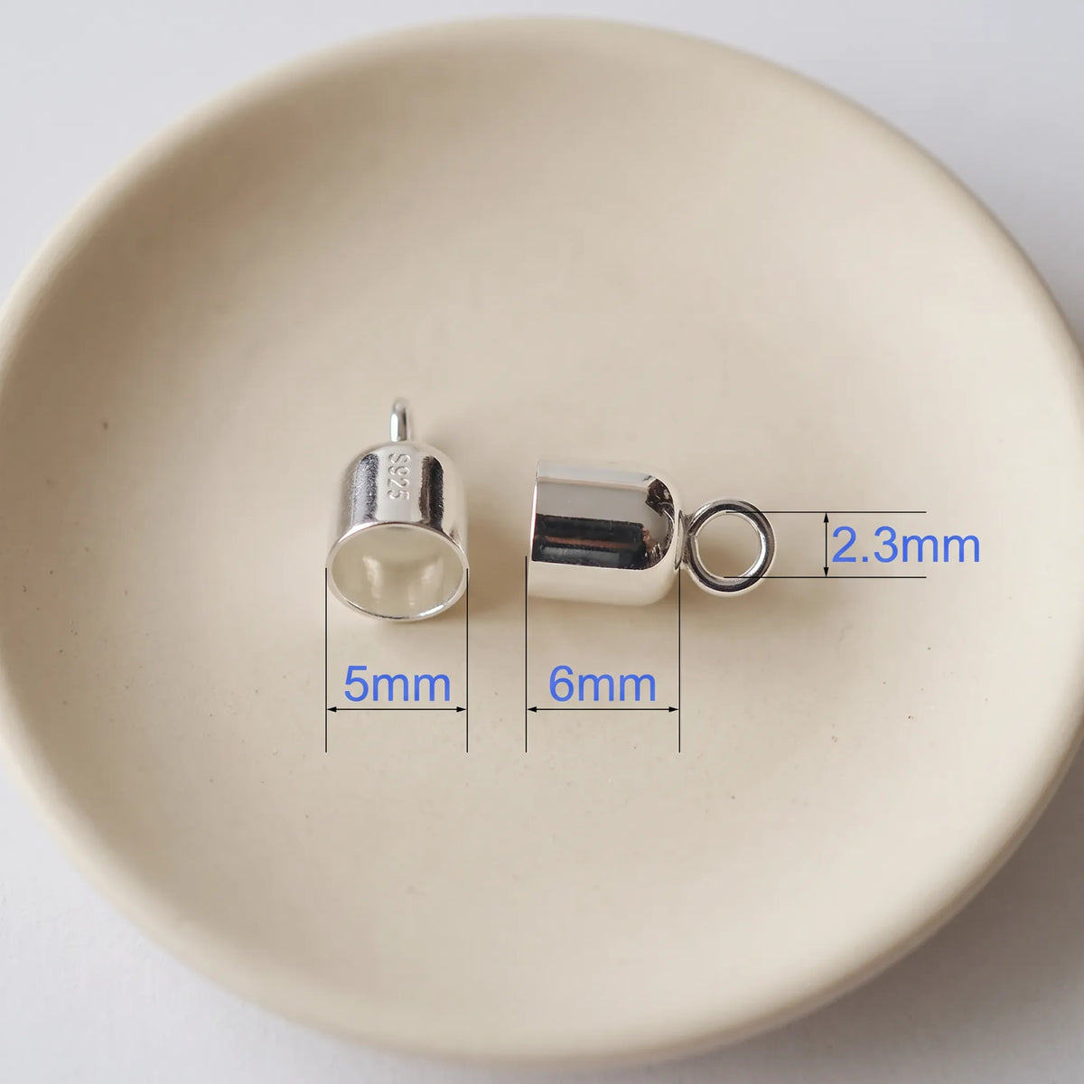 5mm 925 sterling silver cord end cap with loop, polished silver finish