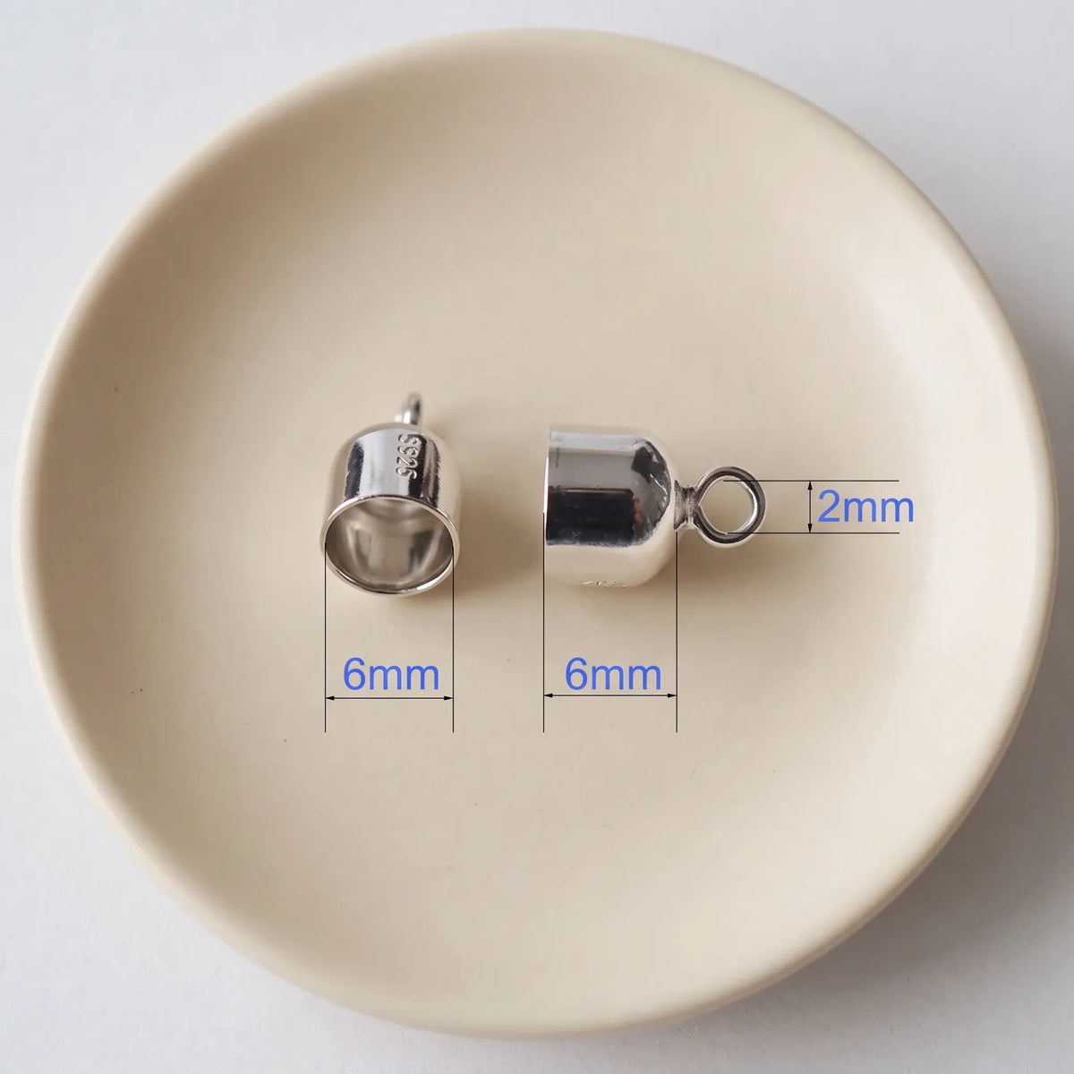 6mm 925 sterling silver cord end cap with loop, polished silver finish