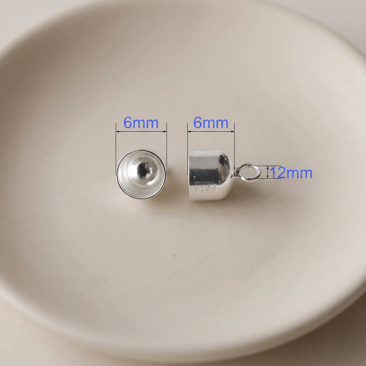 6mm 925 sterling silver cord end cap with loop, polished silver finish
