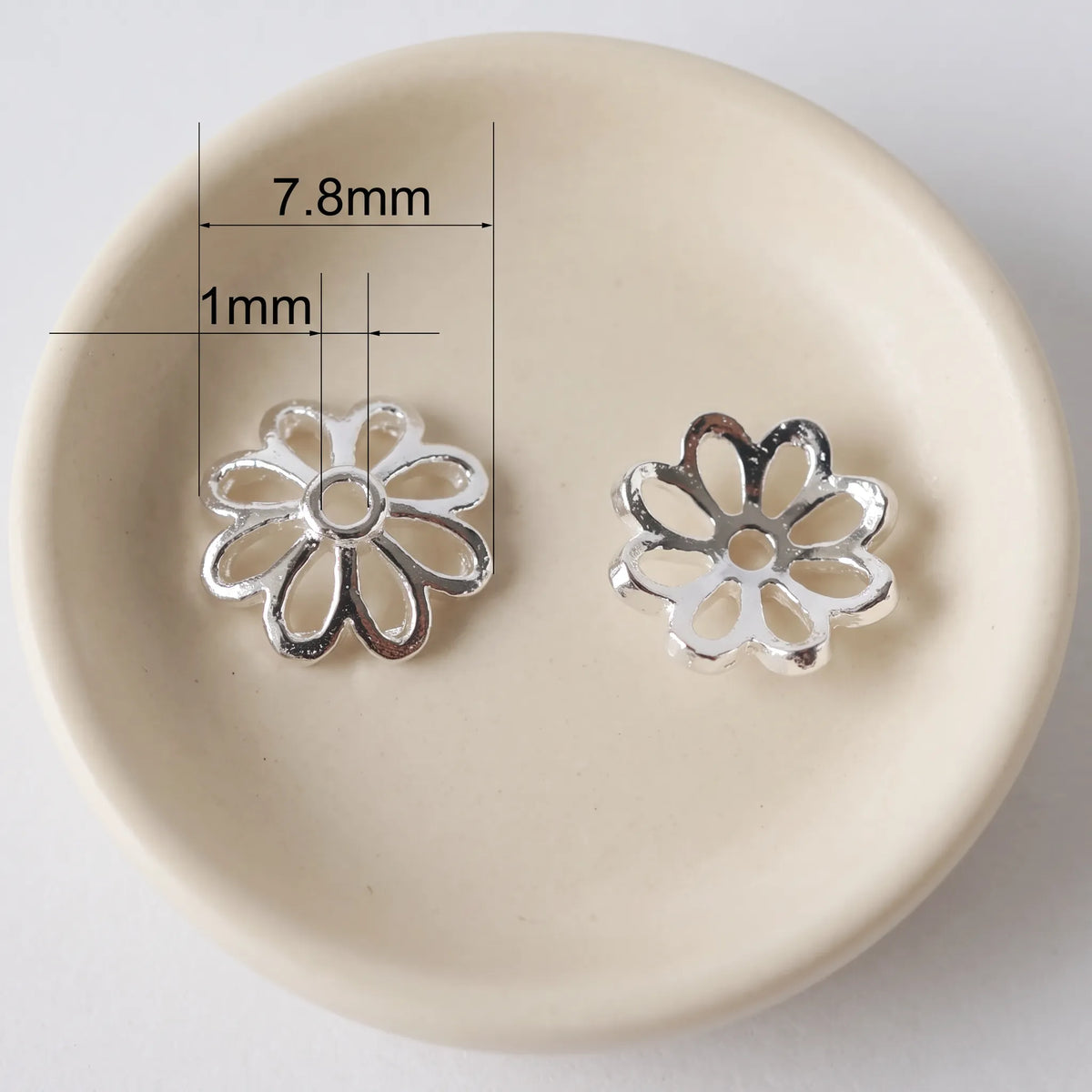 7.8mm 925 sterling silver flower bead cap with 1mm center hole