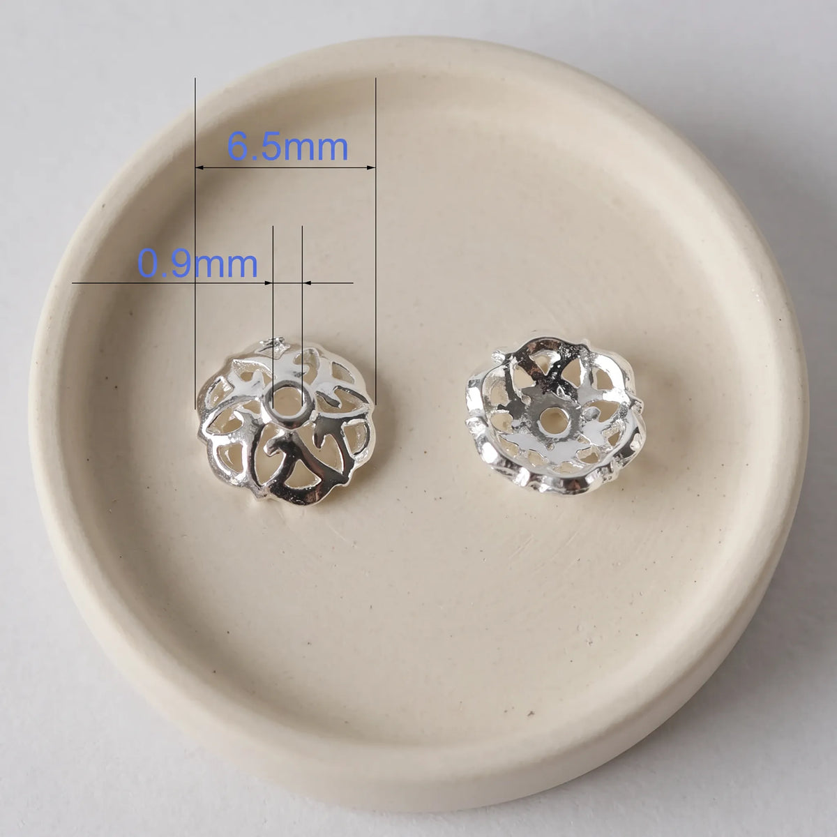 6.5mm decorative 925 sterling silver floral bead cap with 0.9mm center hole