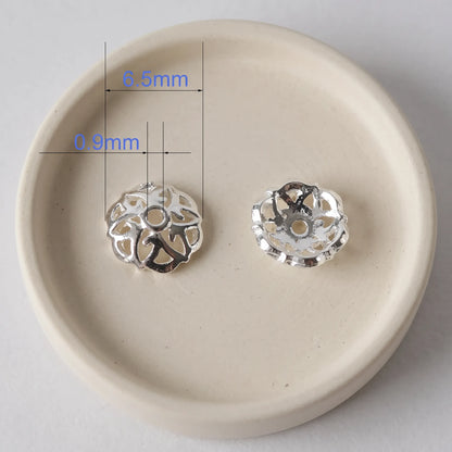 6.5mm decorative 925 sterling silver floral bead cap with 0.9mm center hole