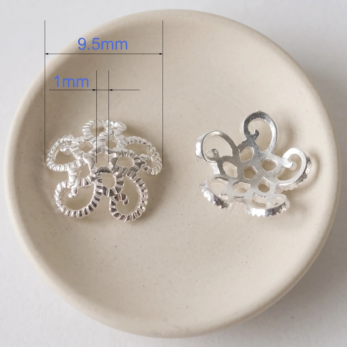 9.5mm decorative 925 sterling silver openwork flower bead cap with 1mm hole