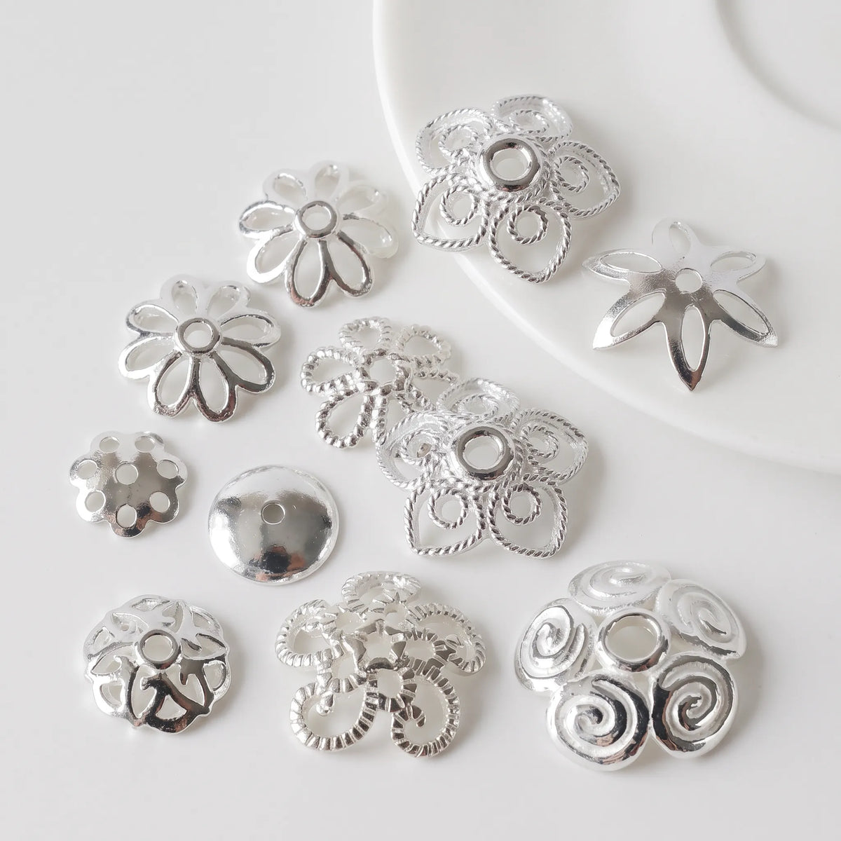 925 sterling silver flower bead caps in assorted decorative designs for jewelry making