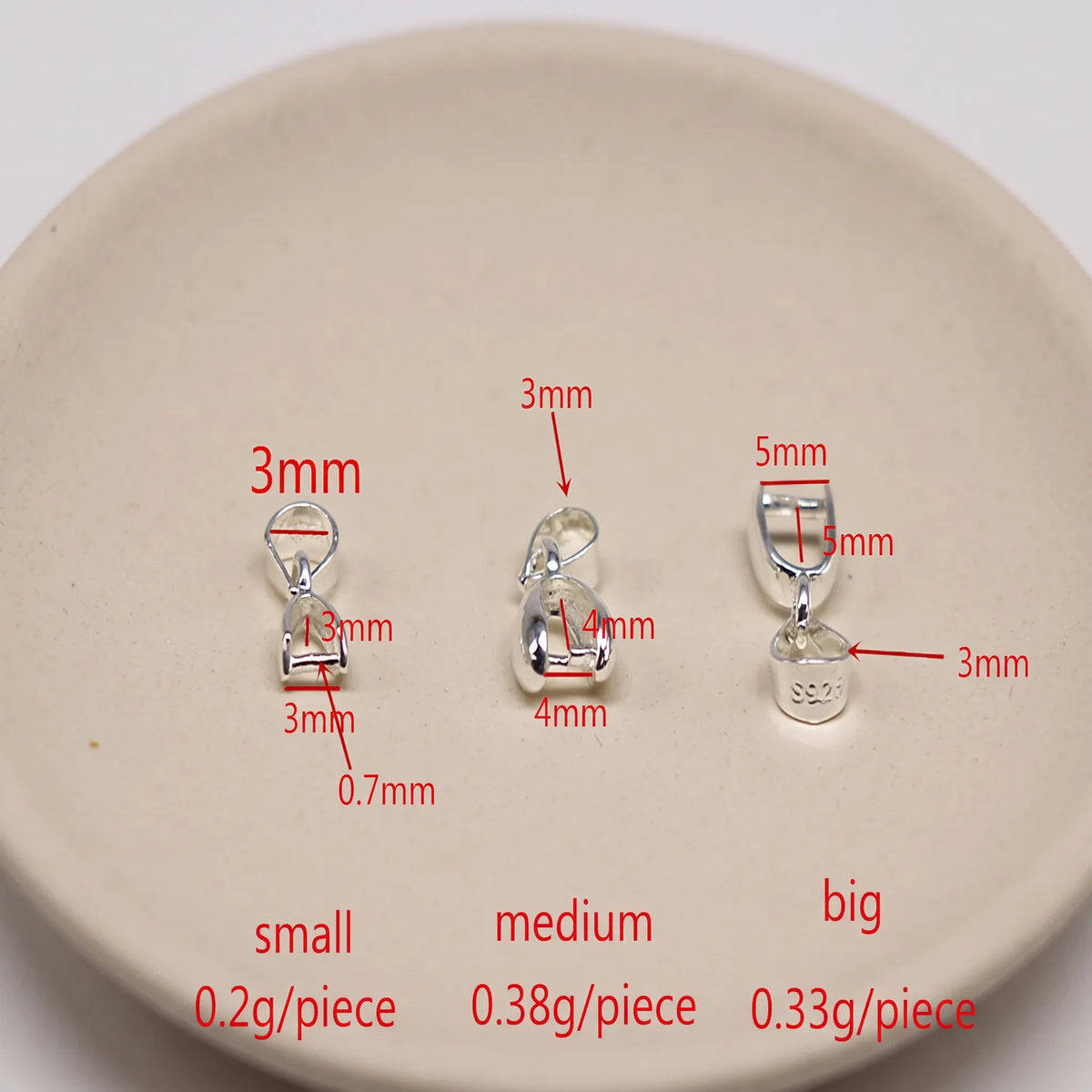 925 sterling silver pinch bails in small medium and large sizes with measurements