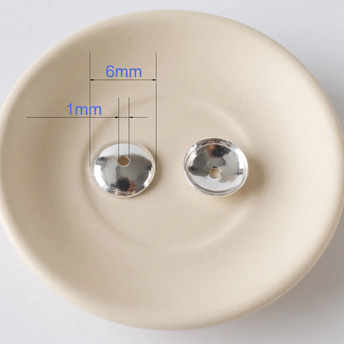 6mm polished 925 sterling silver round bead cap with 1mm center hole