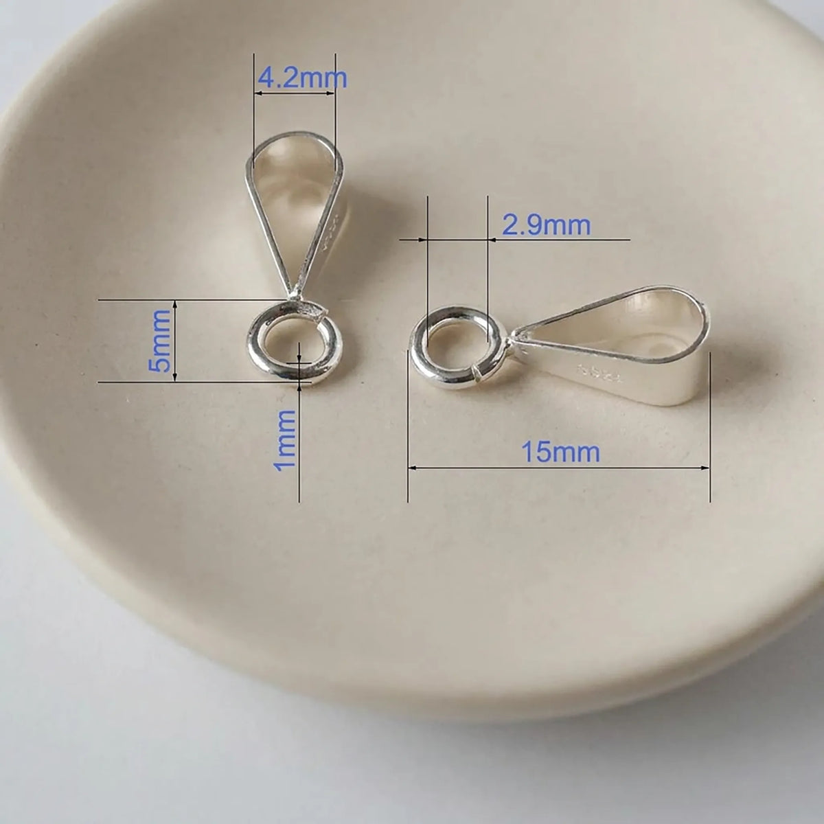 925 sterling silver slider pendant bail dimensions, 15mm long with 4.2mm bail opening and 2.9mm jump ring opening