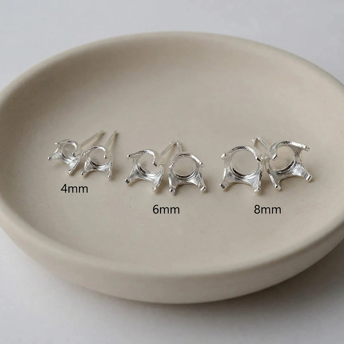 925 sterling silver Snaptite stud earring settings in 4mm, 6mm and 8mm sizes