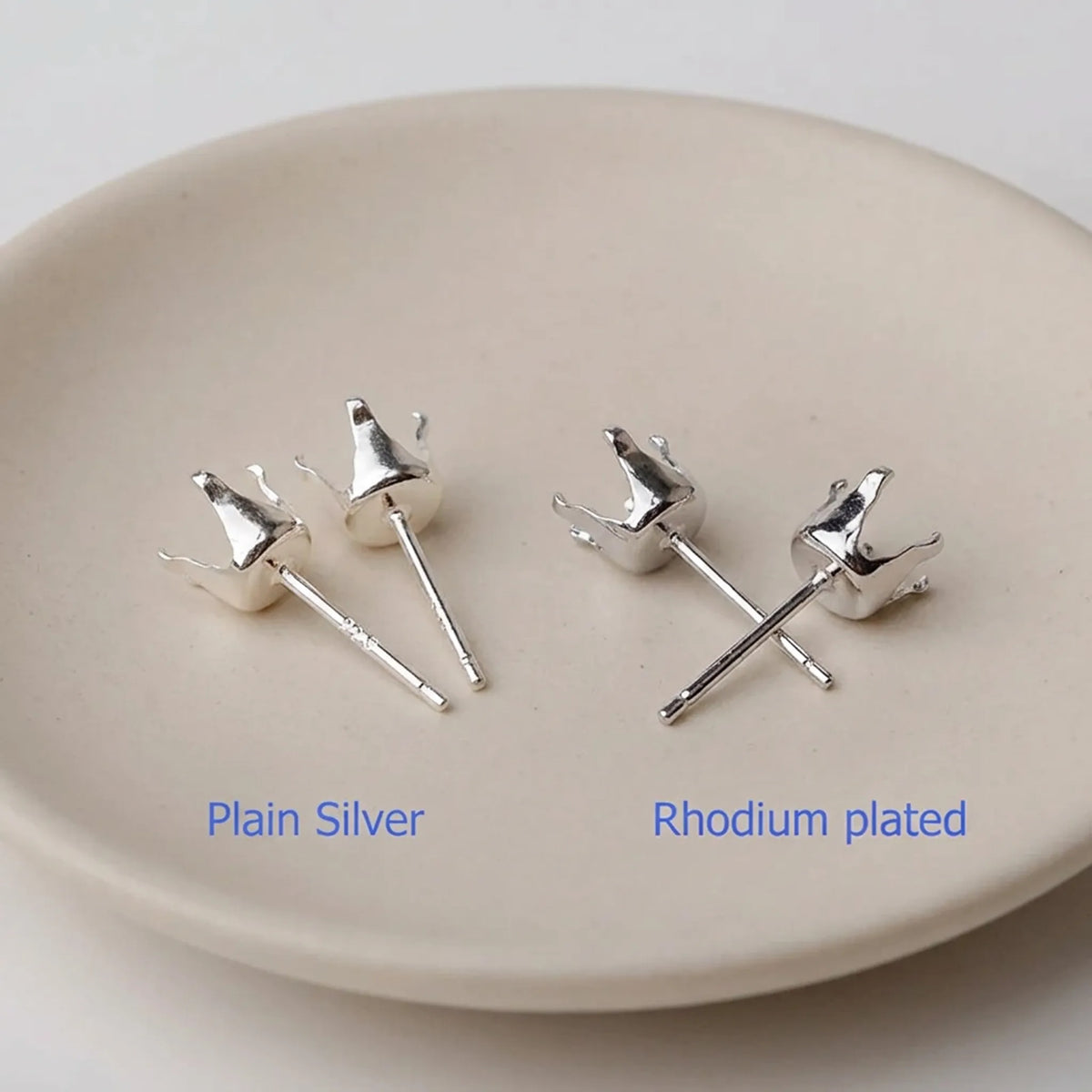 925 sterling silver stud earring settings in plain silver and rhodium plated finishes