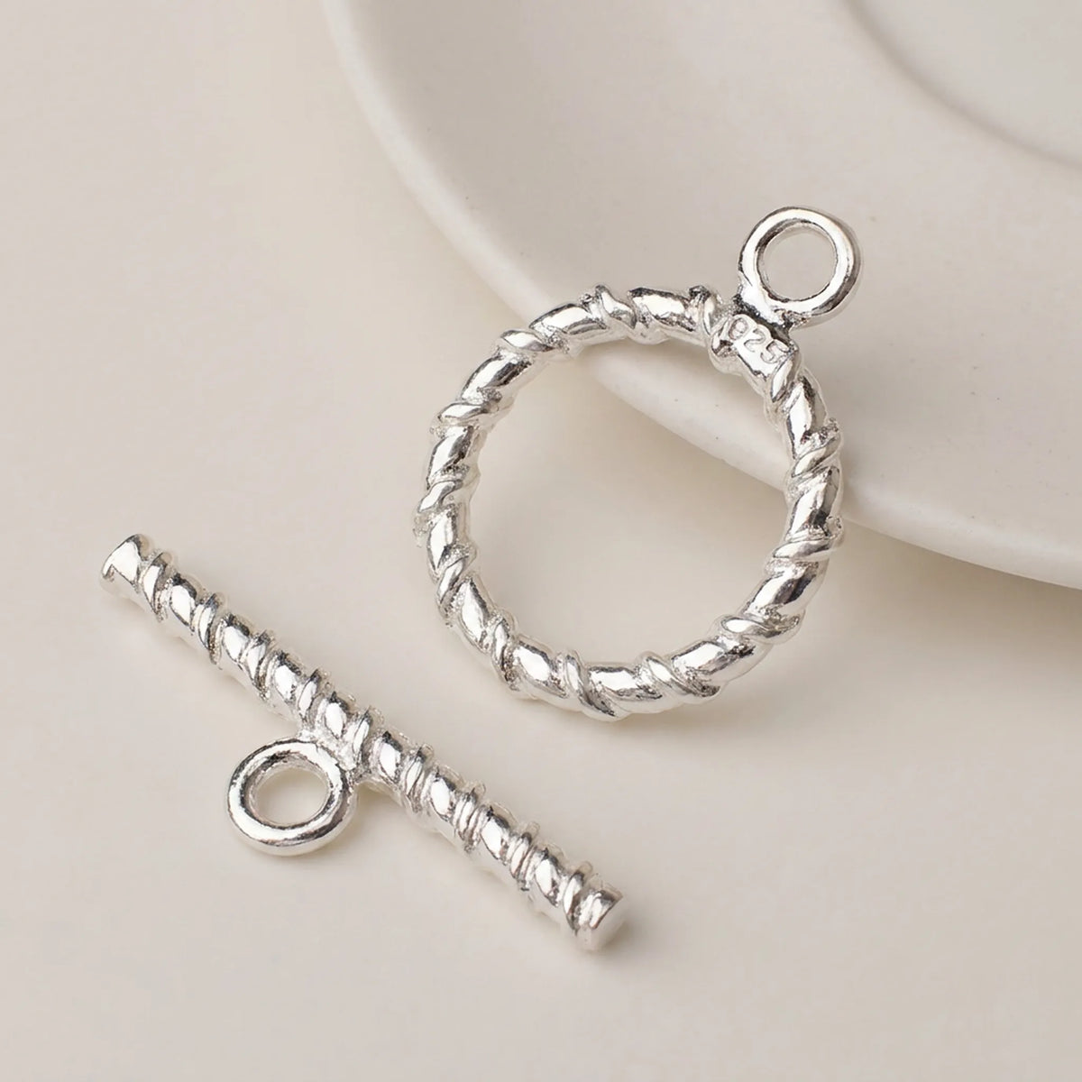 925 sterling silver twisted toggle clasp with textured circle and bar