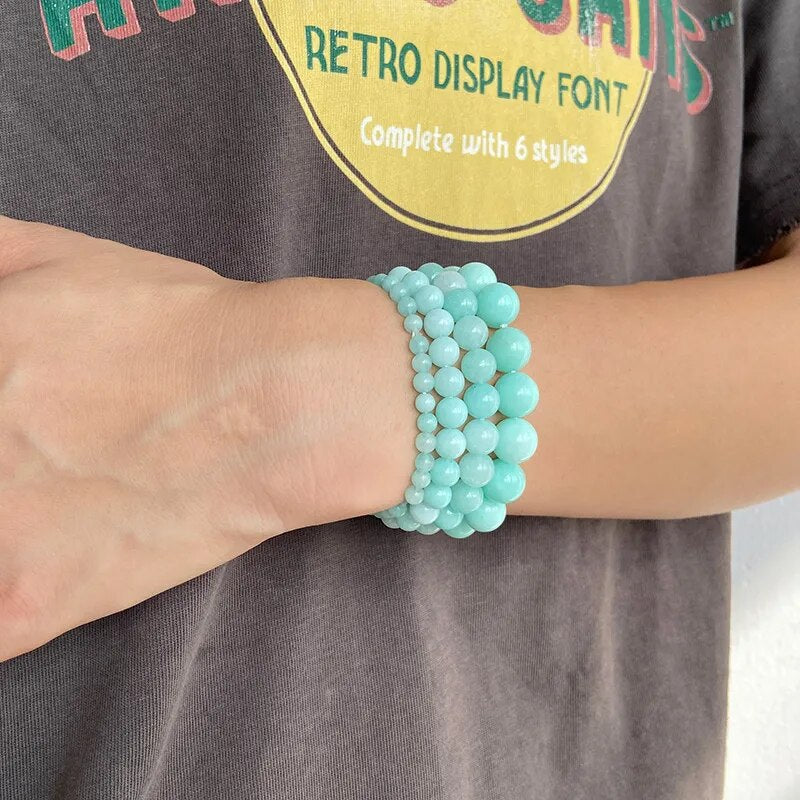 Bracelet extensible en pierre précieuse d'amazonite bleue, 4-12 mm 