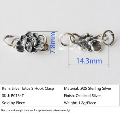Solid .925 Sterling Silver S Hook Clasp, Oxidized Silver S-Hook Clasp Connector, Antiqued Silver Jewelry Finding