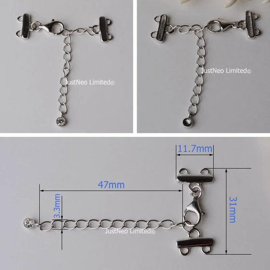 Solid 925 Sterling Silver Clasp Buckle 2/3 Strand Necklace Hook Cubic Zirconia Rhodium Plated  Diy Jewelry Components, 1pc