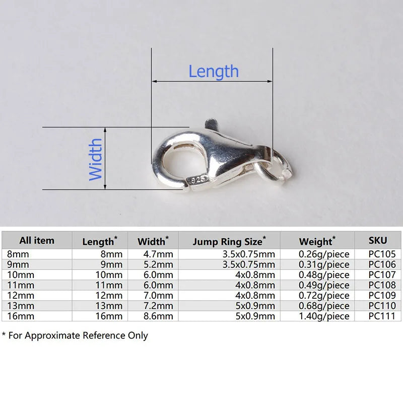 Solid 925 Sterling Silver Lobster Claw Clasp, snap clasp with 1 Open Jump Ring 8-16mm