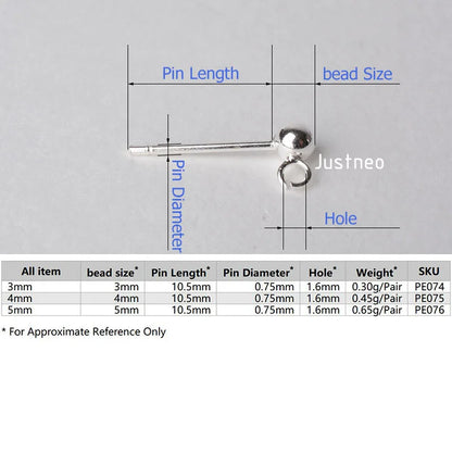 Solid 925 Sterling Silver Ball Earring Post with open Jump Ring, DIY