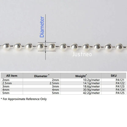 Solid 925 Sterling Silver ball Chain Loose Link Rope for Jewelry Diy Components and Findings