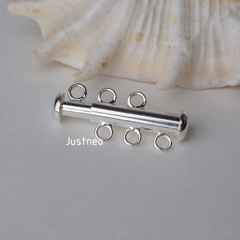 Solid 925 Sterling Silver Clasp 3 Strand Tube Clasp, 3-strand slide Buckle clasp for necklace and bracelet jewelry
