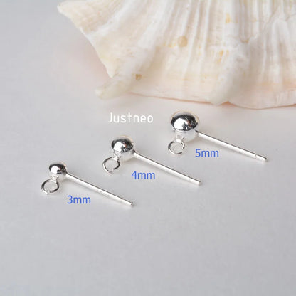 Solid 925 Sterling Silver Ball Earring Post with open Jump Ring, DIY