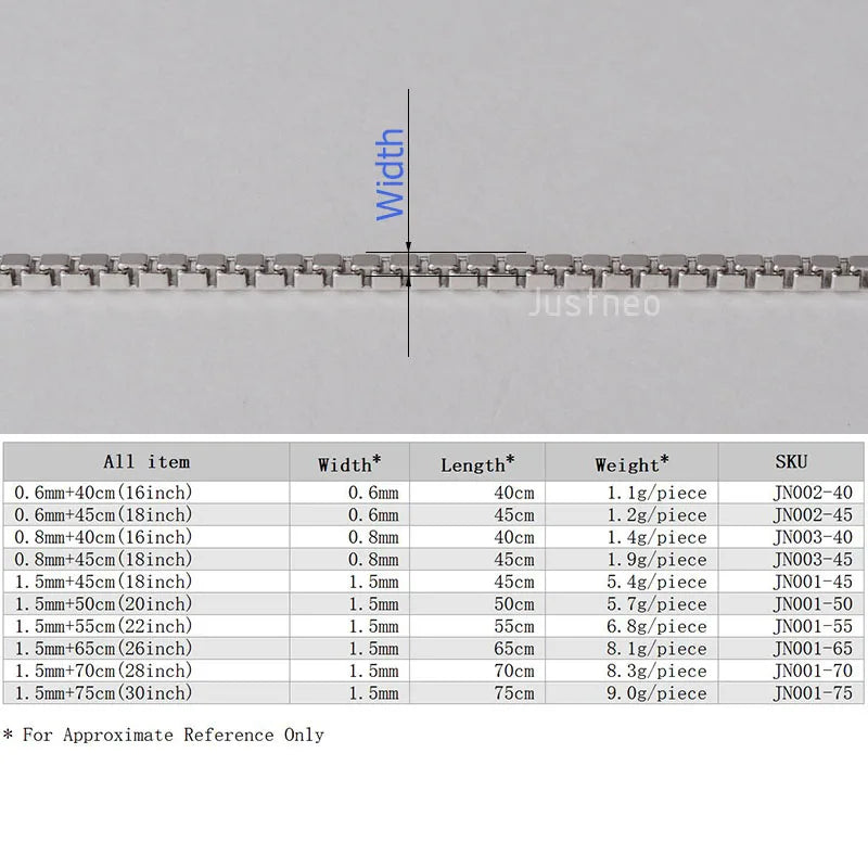 JustNeo Solid 925 Sterling Silver Box Chain Necklace Jewelry 0.6mm -1.5mm Diameter Chains Rhodium Plated Finish