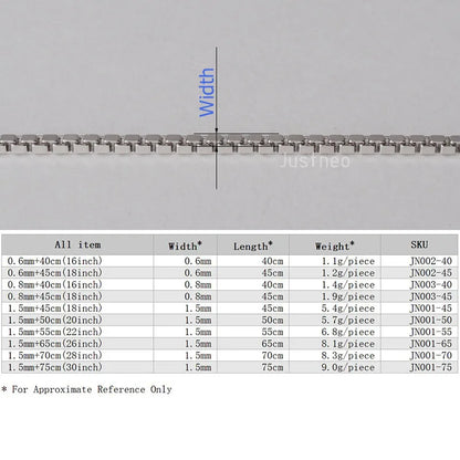 JustNeo Solid 925 Sterling Silver Box Chain Necklace Jewelry 0.6mm -1.5mm Diameter Chains Rhodium Plated Finish