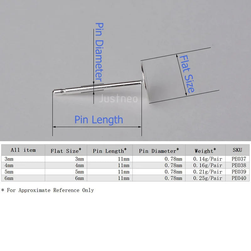 925 Sterling Silver Earring Post with Flat pad Head,3/4/5/6mm Pad. Earring Findings for Jewelry Making ,1pair
