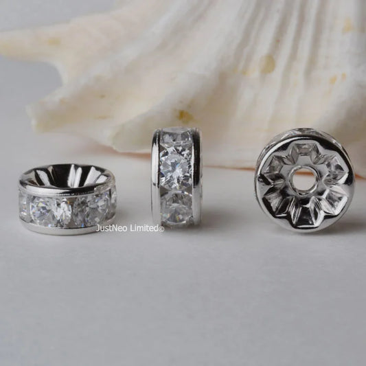 925 Sterling Silver CZ Rondelle Spacer Beads, Silver Clear Cubic Zirconia Loose Beads for DIY Craft Jewelry Making