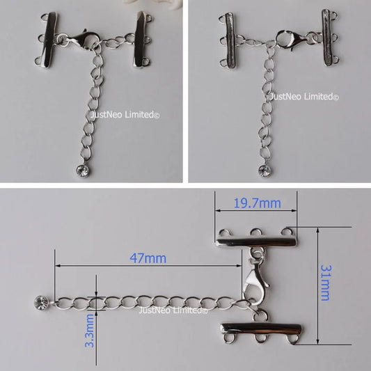 Solid 925 Sterling Silver Clasp Buckle 2/3 Strand Necklace Hook Cubic Zirconia Rhodium Plated  Diy Jewelry Components, 1pc
