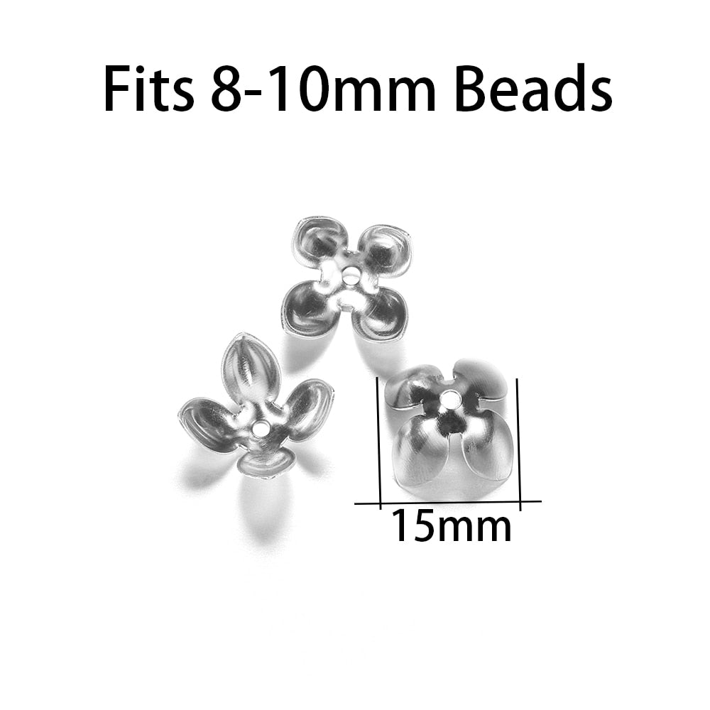 15 x 8 mm vergoldete Perlenkappen mit vier Blättern, 50 Stück