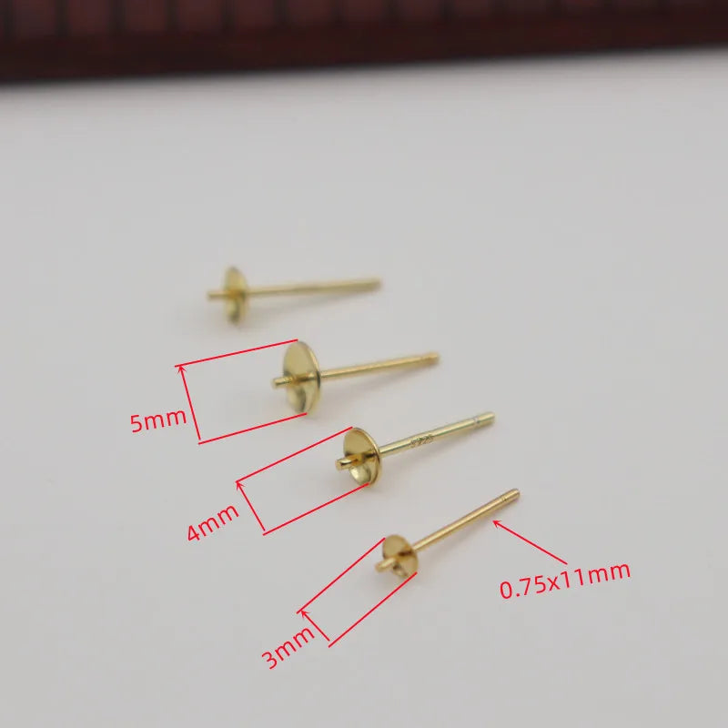 1Pair Solid 925 Sterling Silver Earring Holder Empty DIY Accessories 18K Gold Color Half Hole Pearl Round Beads Plate Ear