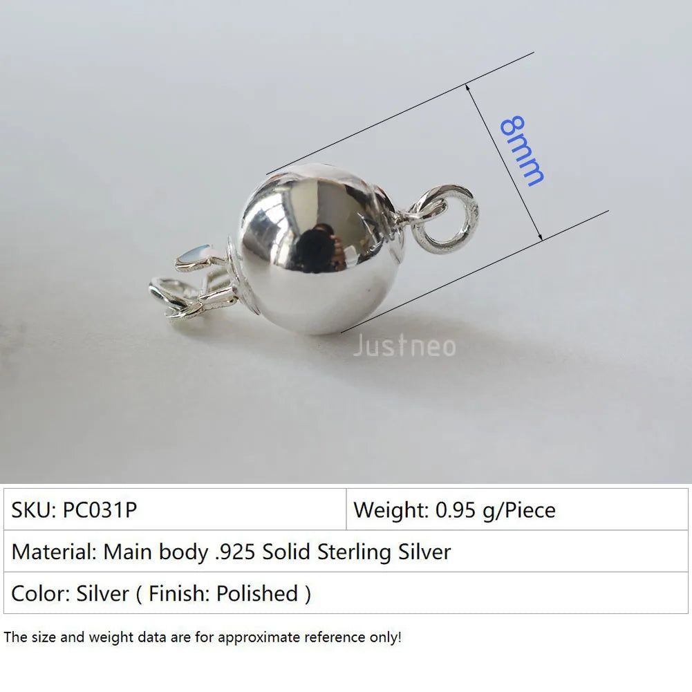 Solid 925 Sterling Silver Round Ball Box Clasp for Pearl Necklace Jewelry diy Components, 1 piece/lot