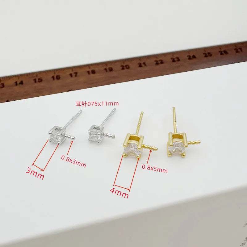 1Pair Solid 925 Sterling Silver Studs 3mm-6mm Princess Earring Fitting DIY Gold Plated Pearl Holder Accessories Finding