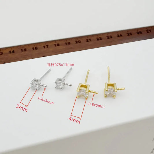 1Pair Solid 925 Sterling Silver Studs 3mm-6mm Princess Earring Fitting DIY Gold Plated Pearl Holder Accessories Finding