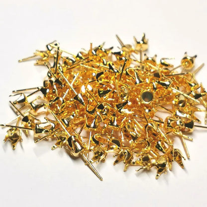 Solid 925 Sterling Silver Round Earring Stud Post 18K Gold Color Pronged for Jewelry Stones Beads Making Snaps in Setting