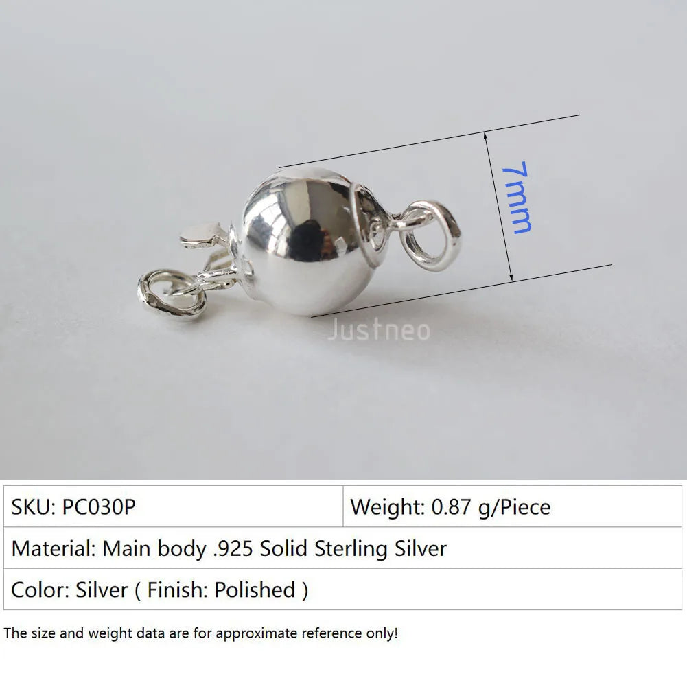 Solid 925 Sterling Silver Round Ball Box Clasp for Pearl Necklace Jewelry diy Components, 1 piece/lot