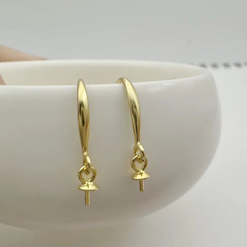 1Pair Solid 925 Sterling Silver Earring Hooks with Pearl Pins for Beads DIY Jewelry Accessories Making Components 18k Gold Color