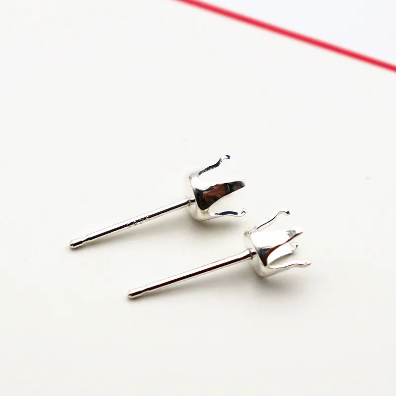 1 Pair Solid Sterling Silver Round Earring Stud Post Components Prongy for Jewelry Stones Beads Making Snaps in Settings