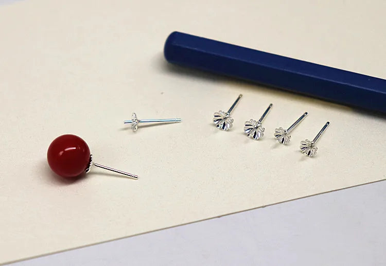 1Pair  925 Sterling  Silver Earring Settings Etud Flower Shape for Pearl Round Beans Accessories DIY Stones for Lady 1 Pair