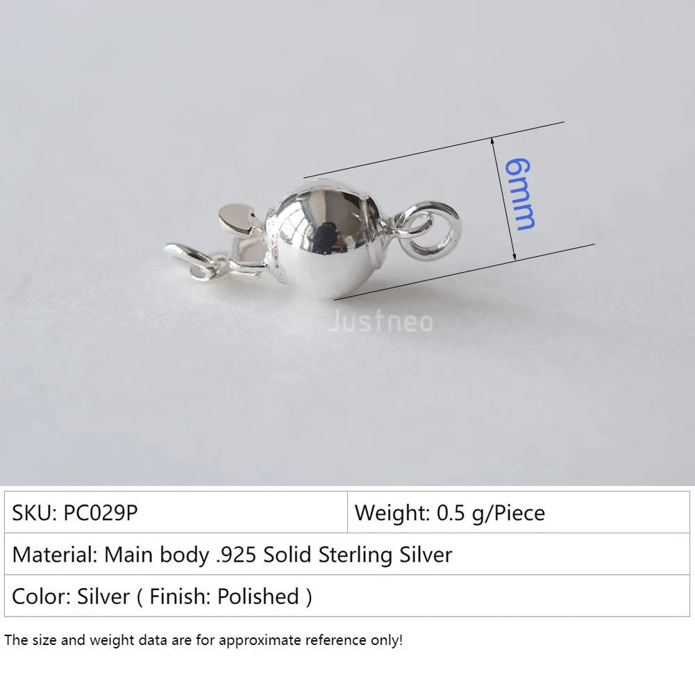 Solid 925 Sterling Silver Round Ball Box Clasp for Pearl Necklace Jewelry diy Components, 1 piece/lot