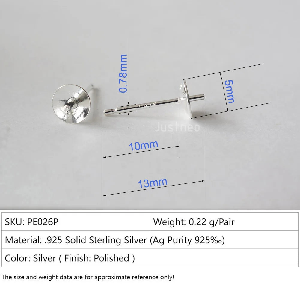 Solid 925 Sterling Silver Earring Studs Ear Post Finding with Cupped Pad for Holding Pearl Gemstone Beads