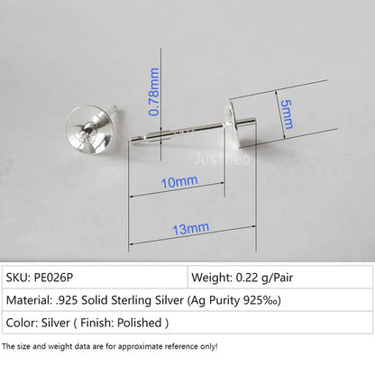 Solid 925 Sterling Silver Earring Studs Ear Post Finding with Cupped Pad for Holding Pearl Gemstone Beads