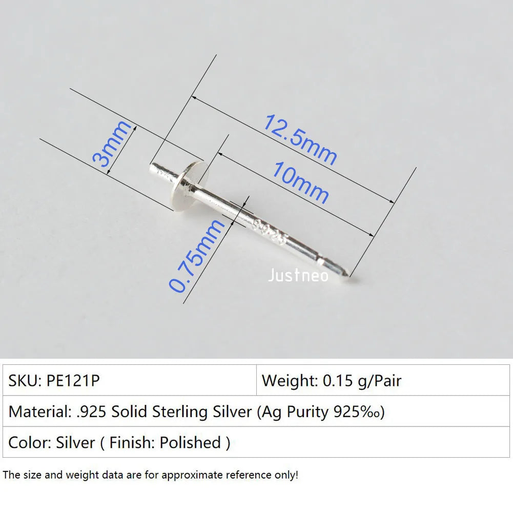 925 Sterling Silver blank post stud earrings with Flat Pad for jewelry making