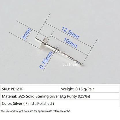 925 Sterling Silver blank post stud earrings with Flat Pad for jewelry making