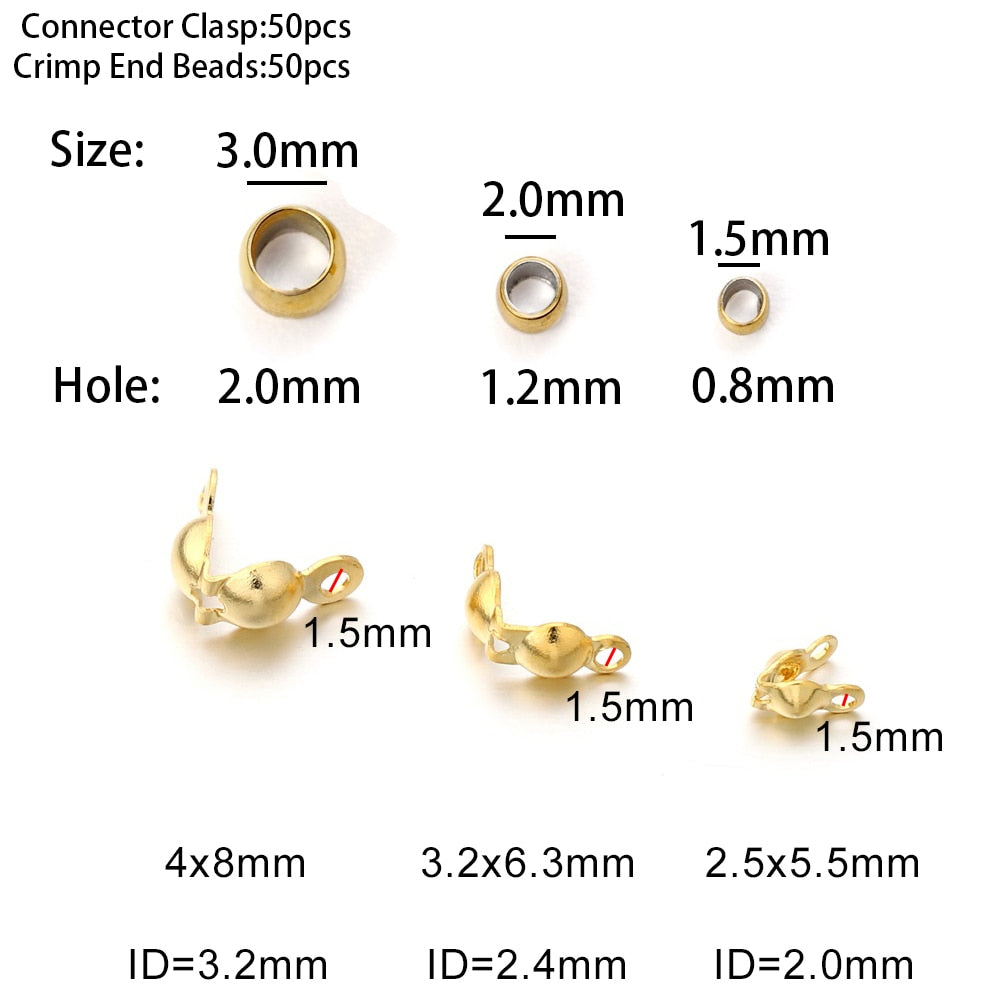Gold Plated Stainless Steel Connector Clasp Crimp Ends, 50pcs