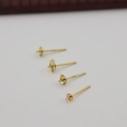 1Pair Solid 925 Sterling Silver Earring Holder Empty DIY Accessories 18K Gold Color Half Hole Pearl Round Beads Plate Ear
