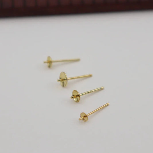1Pair Solid 925 Sterling Silver Earring Holder Empty DIY Accessories 18K Gold Color Half Hole Pearl Round Beads Plate Ear