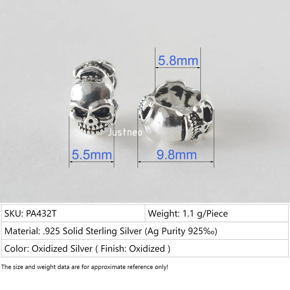 925 Sterling Silver Oxidized Skull Spacer, Vintage Black Silver DIY Jewelry Findings for Jewelry Making Supplies